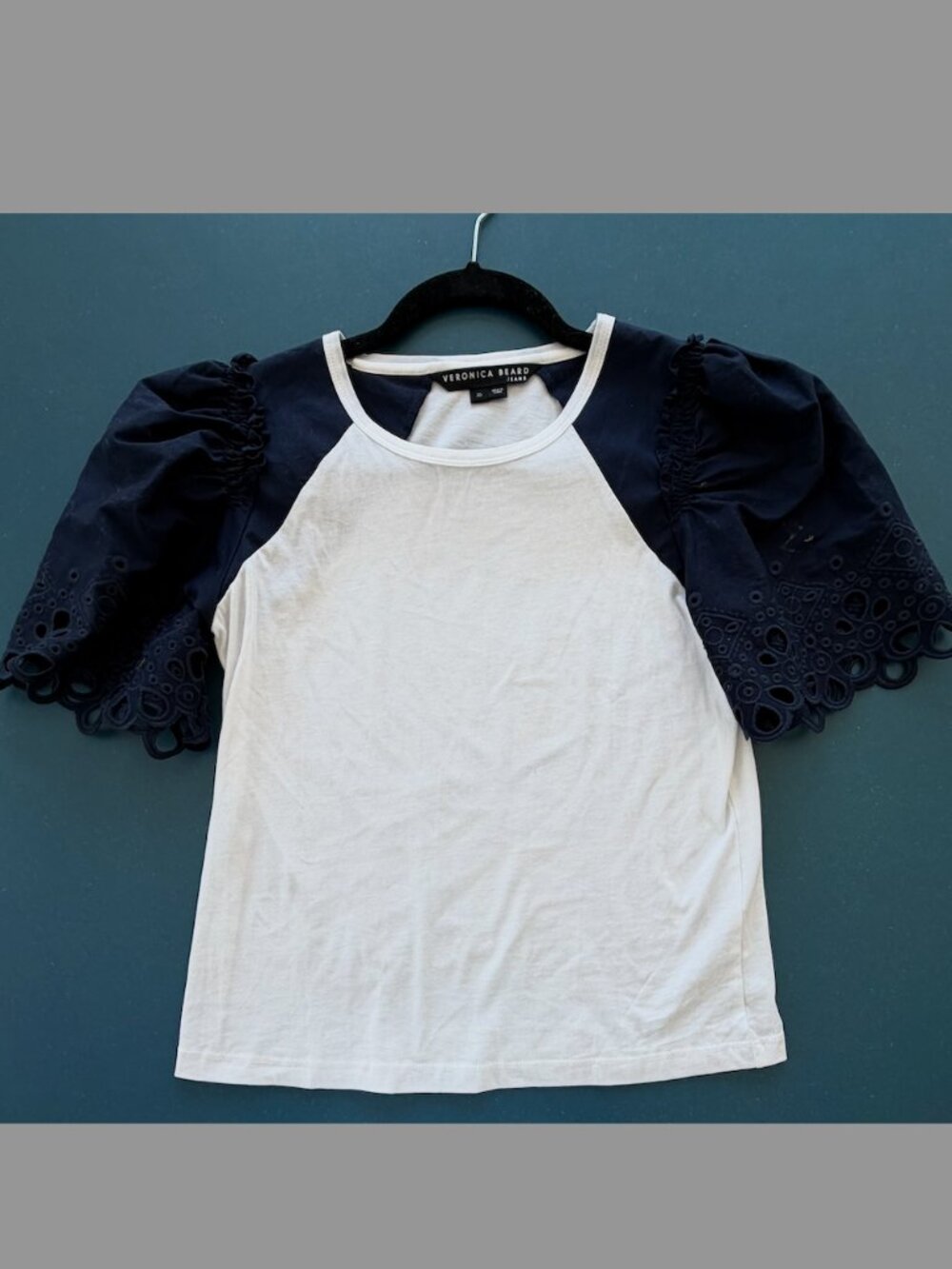 Veronica Beard White and Blue Short Sleeve Blouse